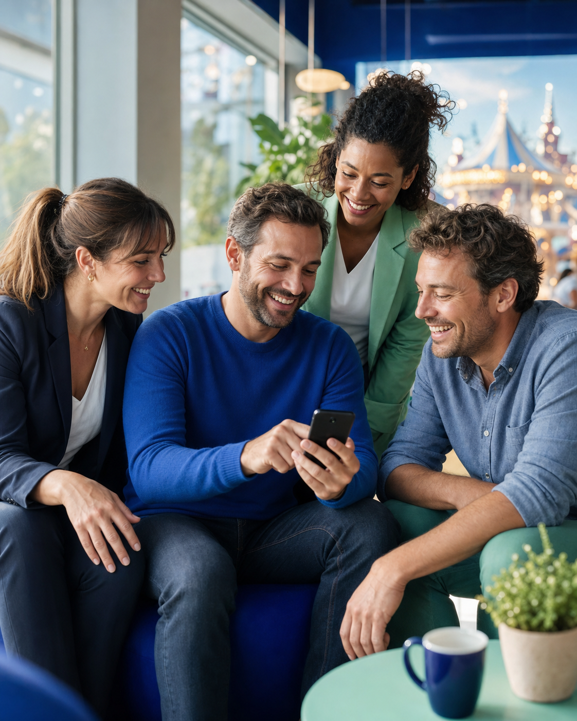 Des collaborateurs découvrant leur bon cadeau Kadoenjoy sur un téléphone