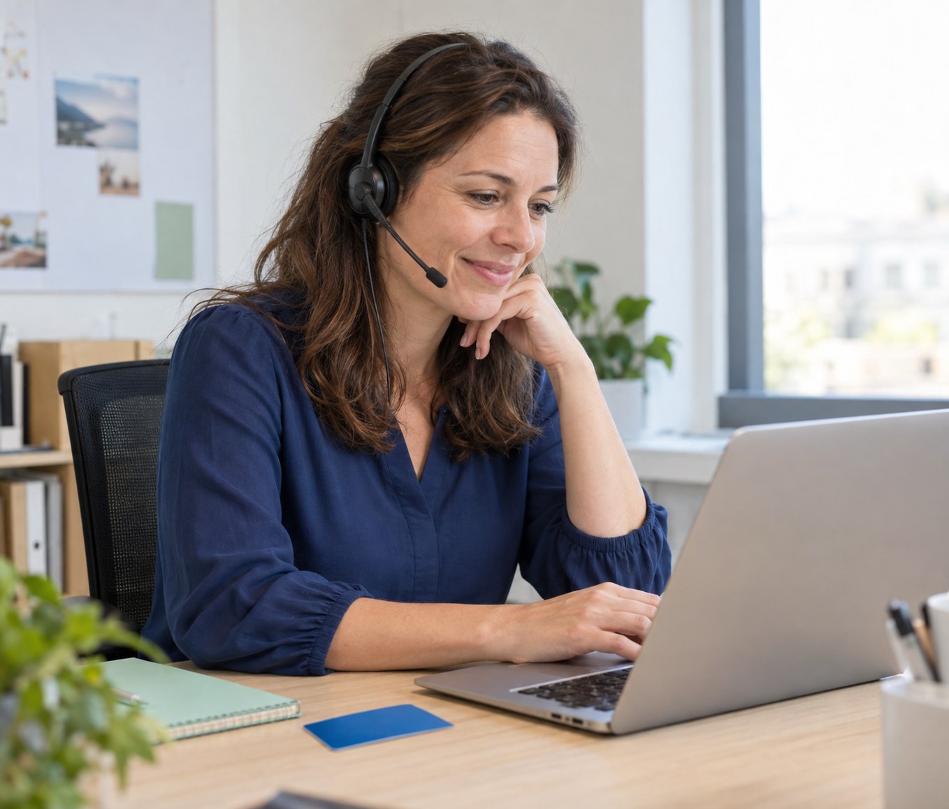 Une conseillère au casque accompagne un client depuis son ordinateur