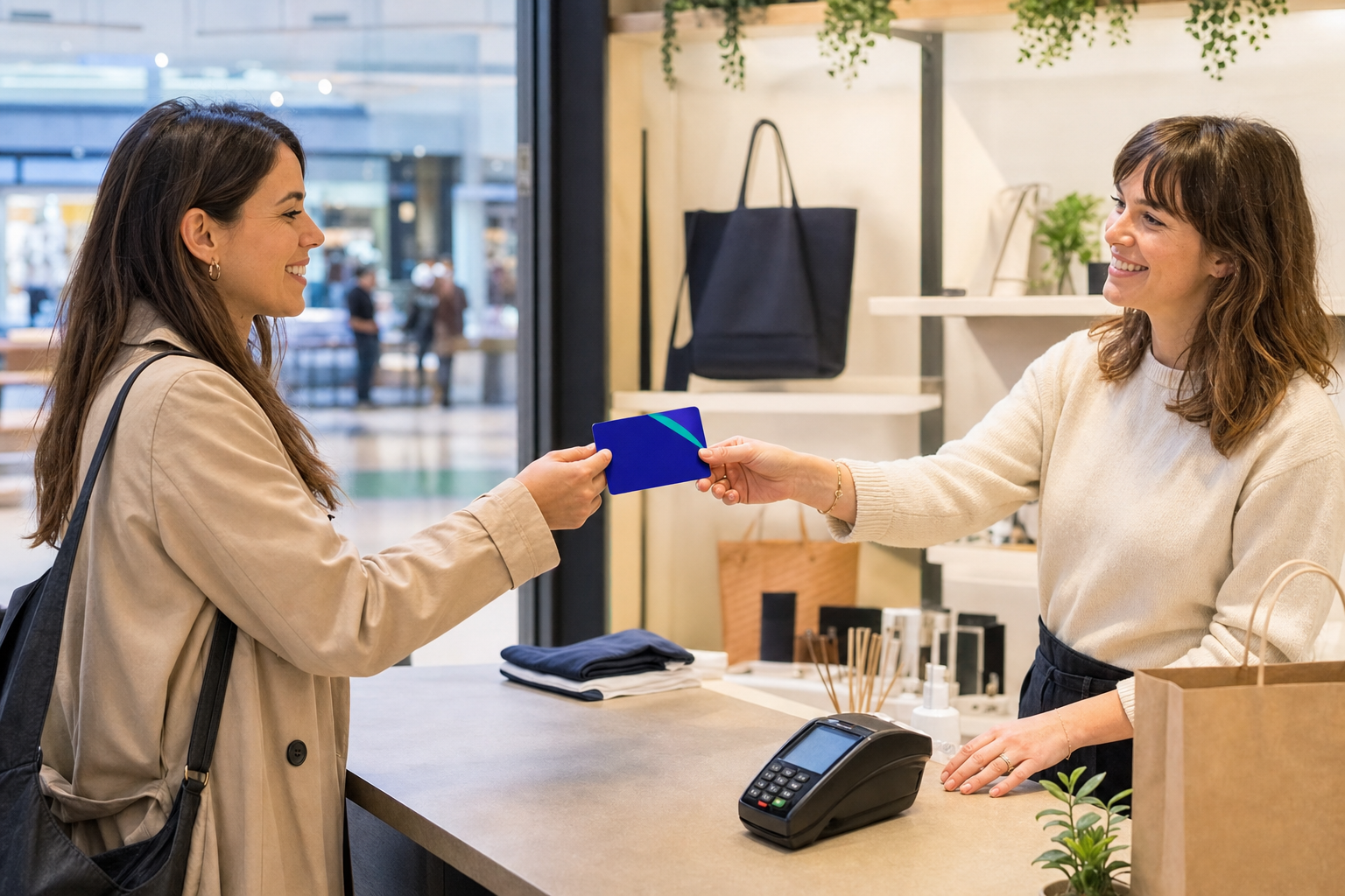 Une cliente règle ses achats avec une carte cadeau dans une boutique